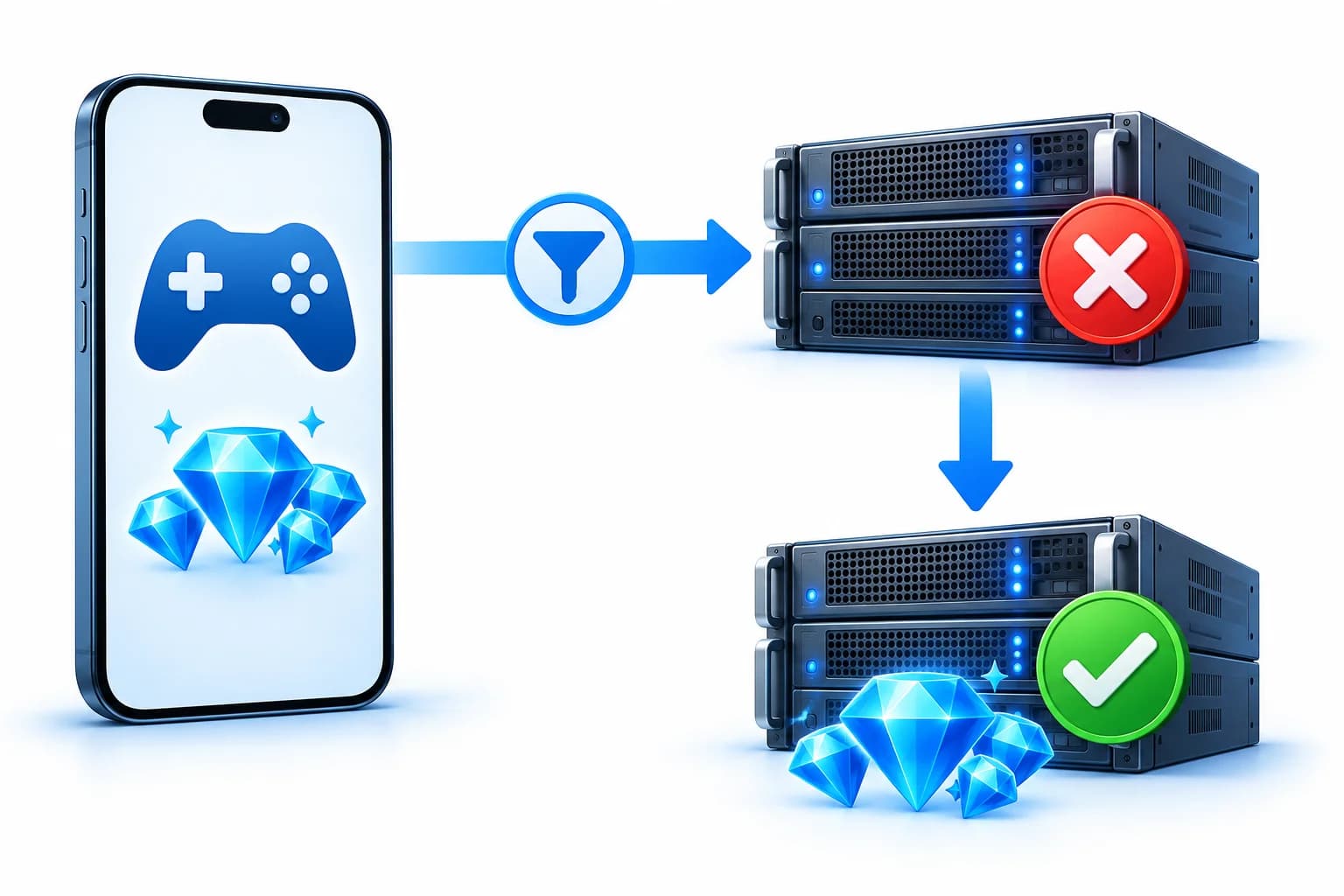 Ilustrasi top up diamond game: pesanan melewati filter harga, lalu berpindah dari server gagal ke server alternatif yang berhasil.